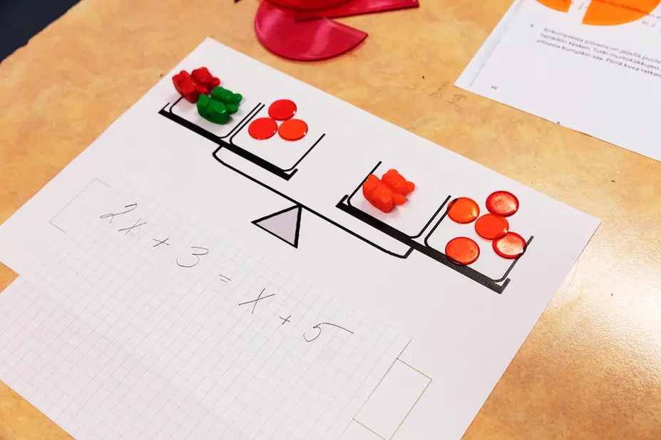 Matematiikan yhtälö paperilla ja nappuloilla havainnollistettuna