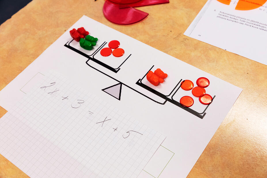 Matematiikan yhtälö paperilla ja nappuloilla havainnollistettuna
