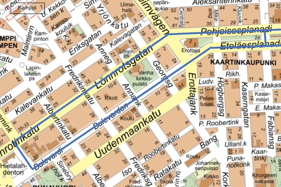 Penkkareiden reitti Helsingissä.