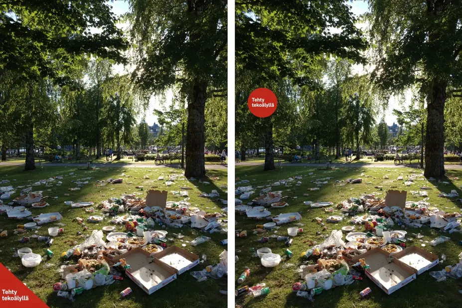 Two images of a littered park. The text “Tehty tekoälyllä” on a red background.