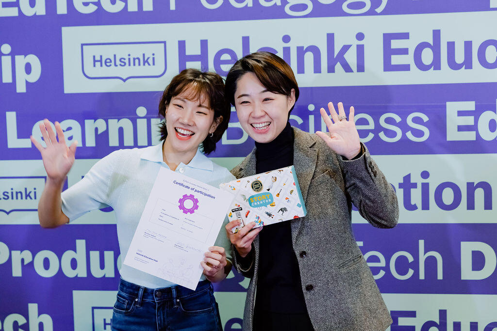 Bang Lee och Nayoung Yoon deltog i EdTech Hautomo Helsinki med företaget Sam Corporation som fokuserar på en lösning för interaktivt berättande. Bild: Helsinki Education Hub