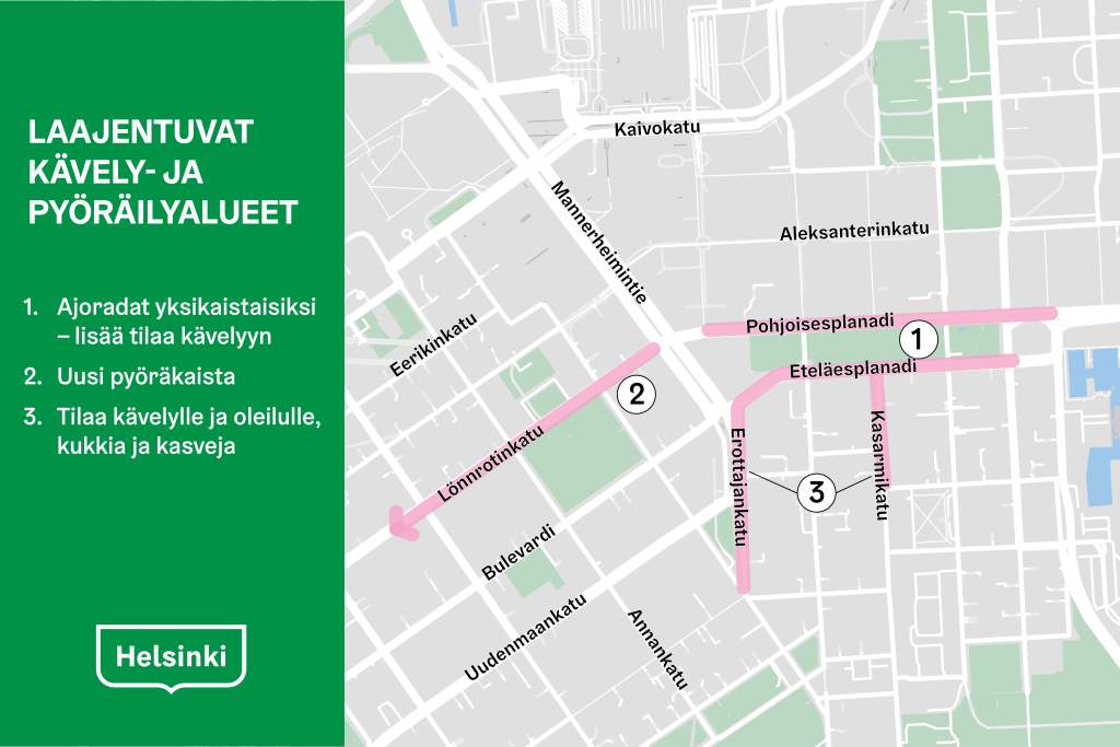 Expanding pedestrian and cycling areas on map:
1. Roadways from two to one lane - more room for cycling
2. New cycle lane
3. Room for pedestrians and dwellers, flower benches and greenery