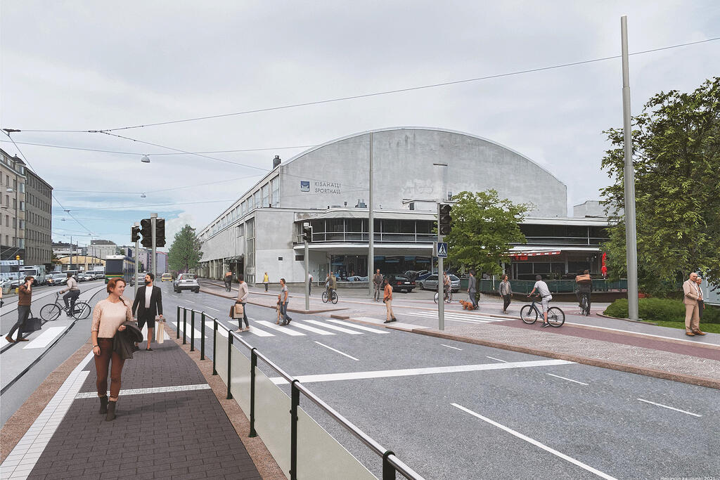 The end result of the project will be a thoroughly renovated street with space for all users, regardless of their mode of transport. Illustration. Photo: Kai Hakala / Ramboll