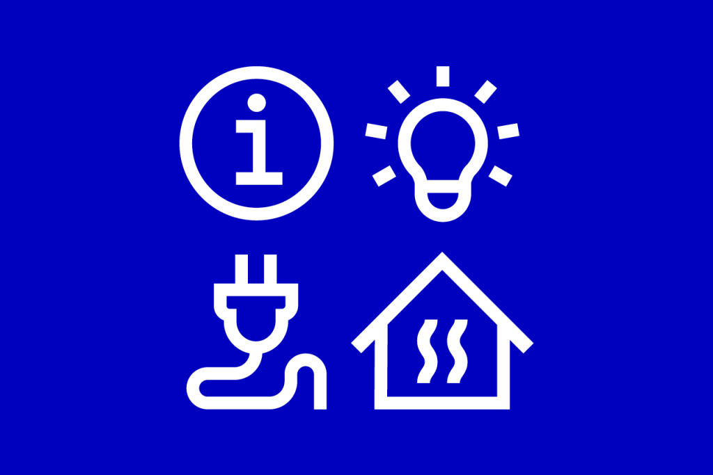 Symboleina ovat infoa kuvaava i-kirjain, valaistusta kuvaava lamppu, sähköä kuvaava sähköjohto ja lämmitystä kuvaava symboli.