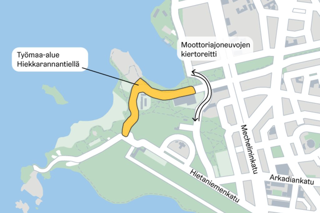 The Hiekkarannantie street renovation site and the detour for motor vehicles. Photo: Helsingin kaupunki