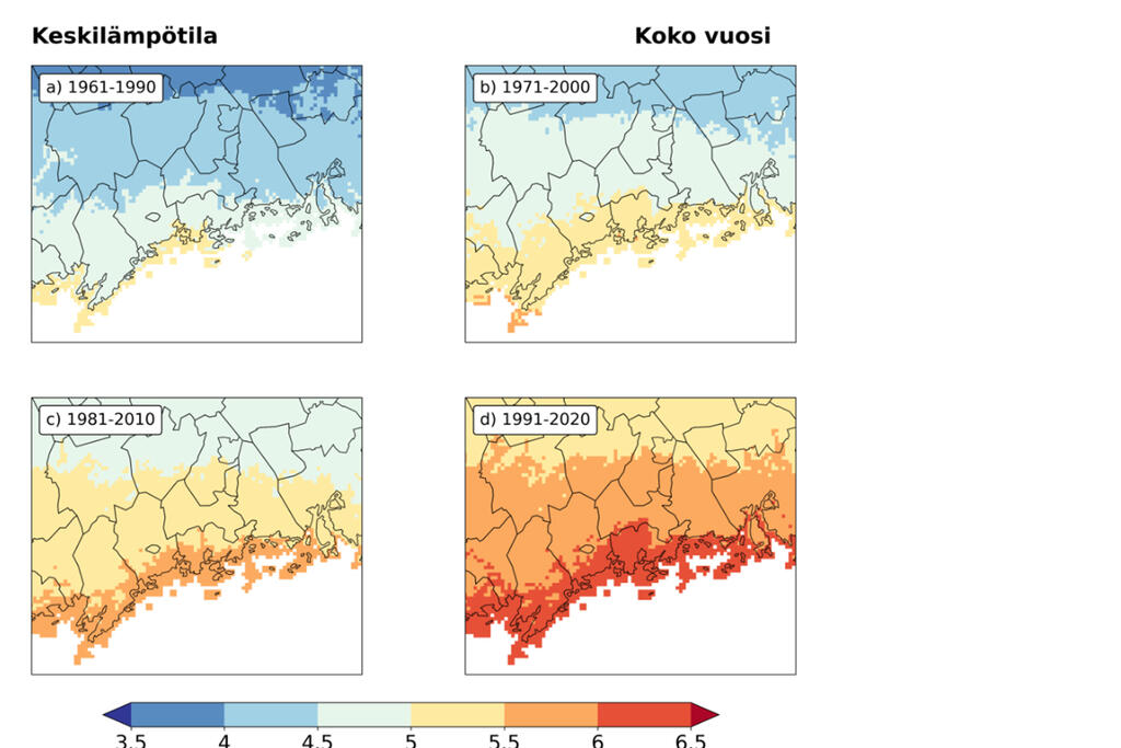 Vuoden keskilämpötila pääkaupunkiseudulla neljän 30-vuotisen ilmastollisen vertailukauden aikana. Kartat esittävät kalenterivuoden keskimääräistä lämpötilaa vuosina a) 1961–1990, b) 1971–2000, c) 1981–2010 ja d) 1991–2020. Kuva: Ilmastonmuutosraportin kuva 2. Ilmatieteenlaitos.