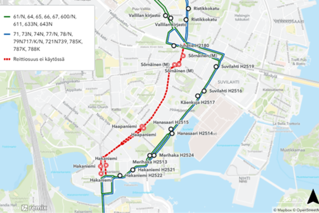 Bussit eivät kulje Hämeentietä pitkin tapahtuman aikana. Poikkeusreitti kulkee Sörnäisten rantatien kautta. 