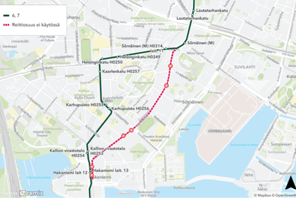 Raitiovaunulinjat 6 ja 7 ovat poikkeusreitillä ja ajavat Porthaninkadun, Viidennen linjan, Kaarlenkadun ja Helsinginkadun kautta.