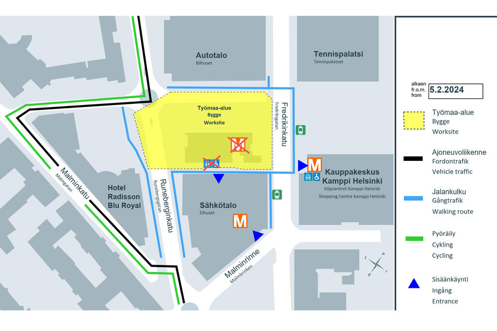 Map: Change in access: The lift connection in the ticket hall on Fredrikinkatu will be taken out of use.