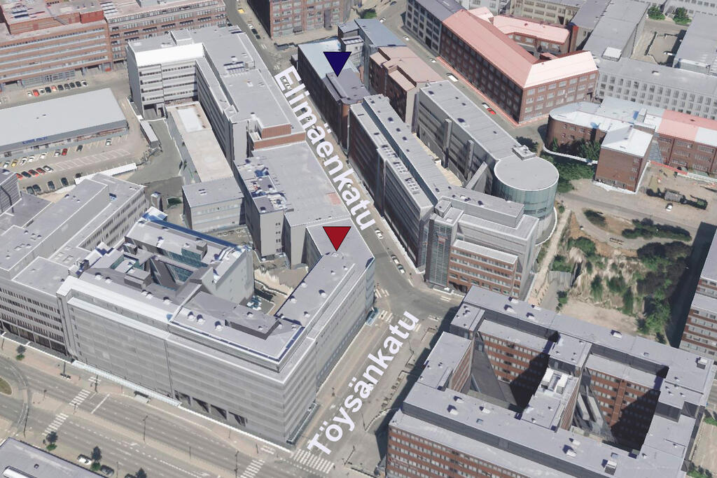 Töysänkadulla perusparannetaan ja tehdään tilamuutoksia vuosina 1942–87 rakennettuun 7-kerroksiseen rakennukseen. Kuva: 3D-kaupunkimalli / Helsingin kaupunki