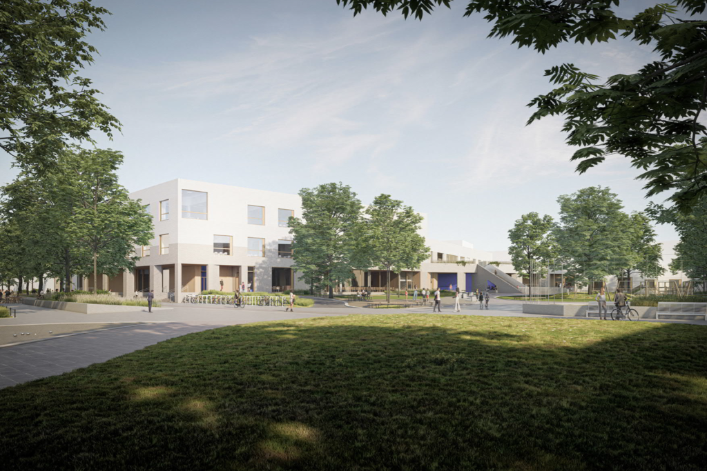 Grundskolans och daghemmets nybyggnad planeras vara multifunktionell och flexibel. Bild: Havainnekuva