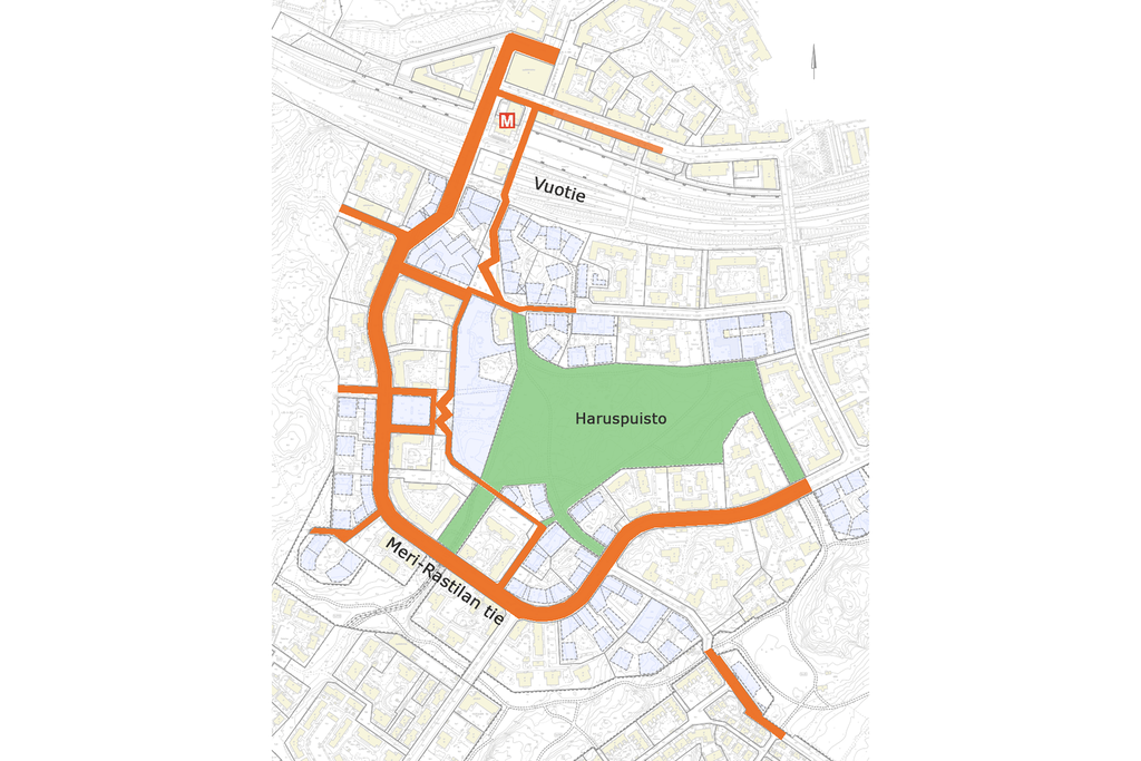 Planeringsområdet på kartan. Området som ingår i gatuplanerna har markerats med orange och planeringsområdet för Stagparken med grönt.  Bild: Ramboll Finland Oy