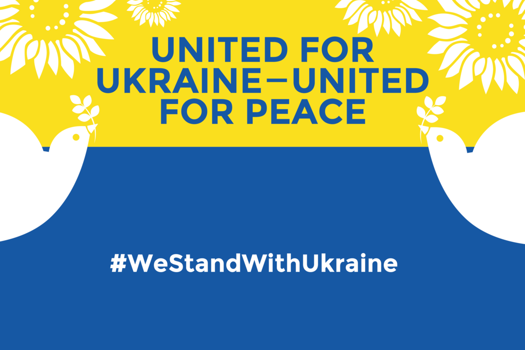 The logo of the UNITED FOR UKRAINE event has two doves and sunflowers.