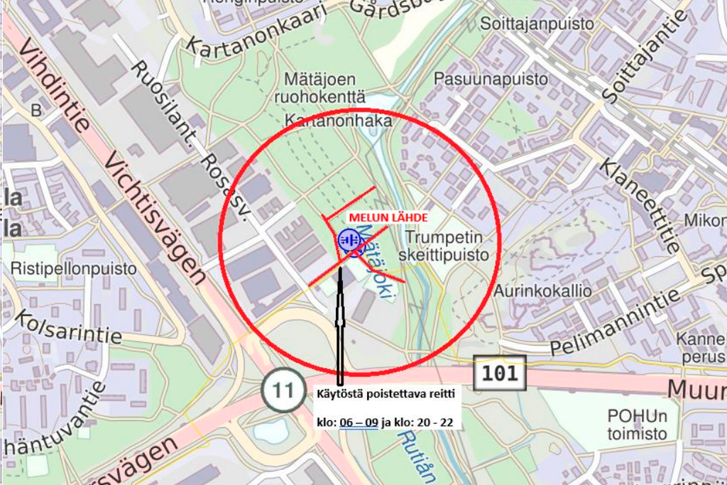 Melutoimenpiteiden aikana Ruosilankuja 10:n ympäristön kevyen liikenteen väylät, bussipysäkit sekä Kartanonhaan koirapuisto poistetaan käytöstä, ja liikenne ohjataan alueen ohi kartan mukaisesti. Kuva: Gasgrid Finland Oy