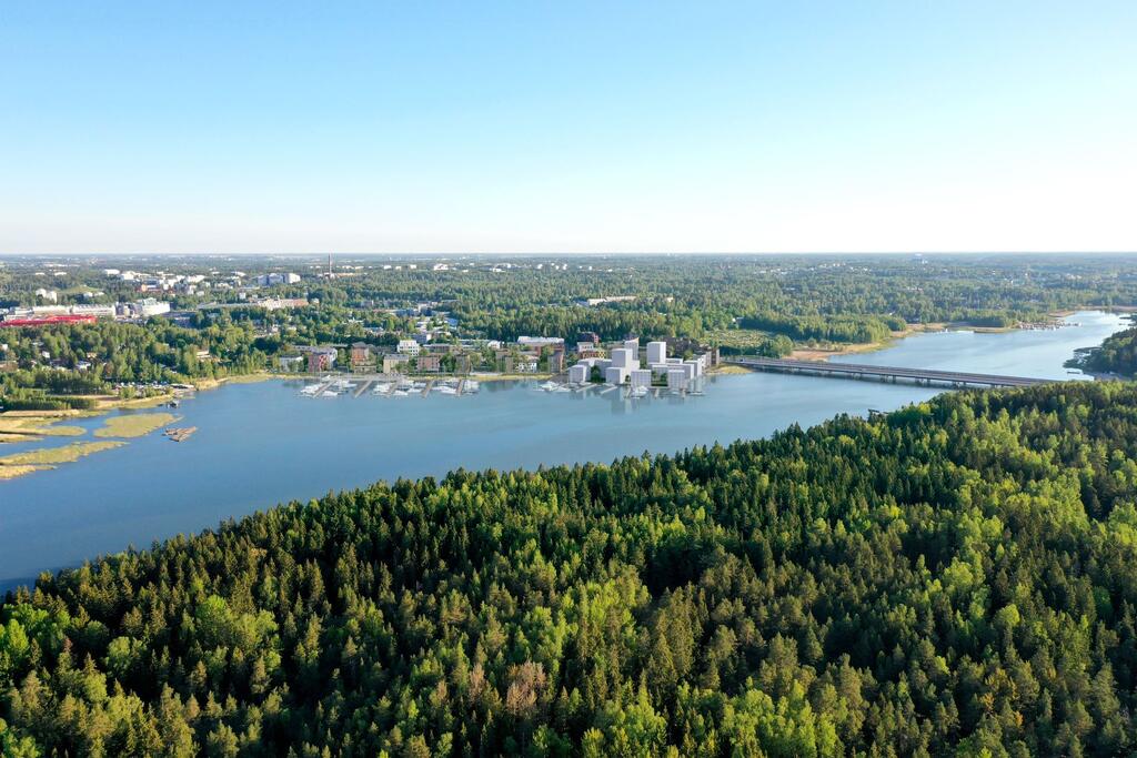 Saaren suunnittelualue sijaitsee Puotilanrannan tulevan asuinalueen itäosassa, lähellä Vuosaaren siltaa. Havainnekuva. Kuva: Voima Graphics oy