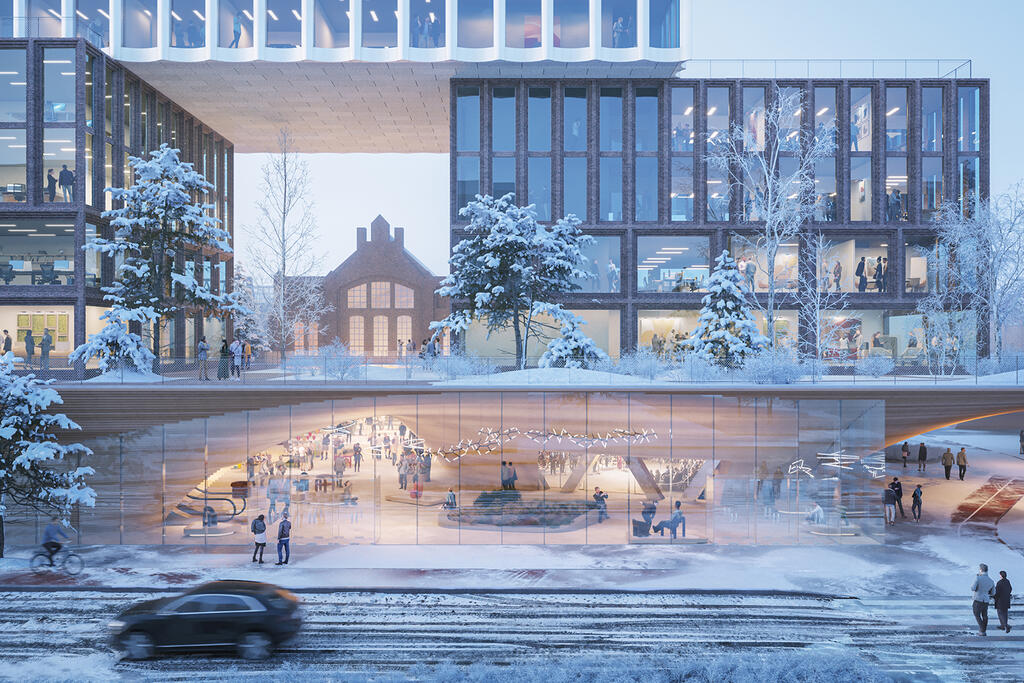 Havainnekuva Train Factoryn arkkitehtikilpailun voittajatyöstä A Roof for Helsinki. Kuva: MASSLab Porto sekä AFRY & AFRY Ark Studio.