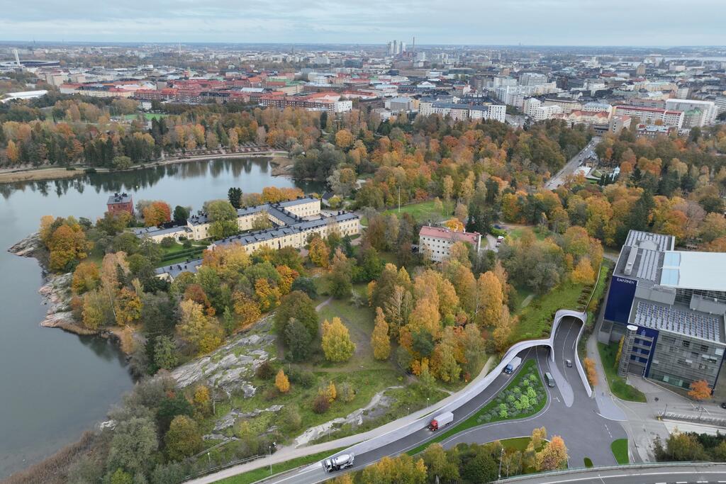 Tunnel stiger upp på markytan bredvid södra kanten av Lappviksparken och förenas där med Västerleden. Bild: PES-Arkkitehdit Oy