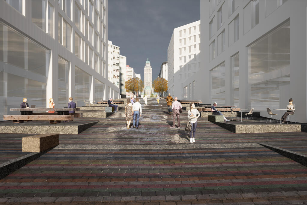 Stepped terraces will be constructed on the sides of Siltasaarenkatu, which restaurants and cafés can lease in the future. Illustration: Ramboll Finland Oy.
