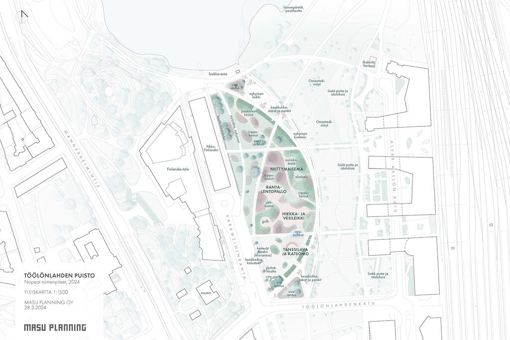 Karttakuva nopeiden toimenpiteiden sijoittumisesta Töölönlahdenpuistoon. Kuva: MASU Planning