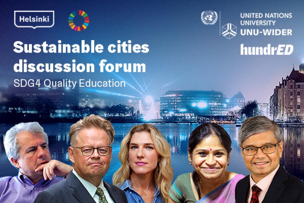 Sustainable Cities Discussion Forum -tapahtuman puhujat: Lant Pritchett, Juhana Vartiainen, Anya Kamenetz, Varsha Pillai ja Kunal Sen.