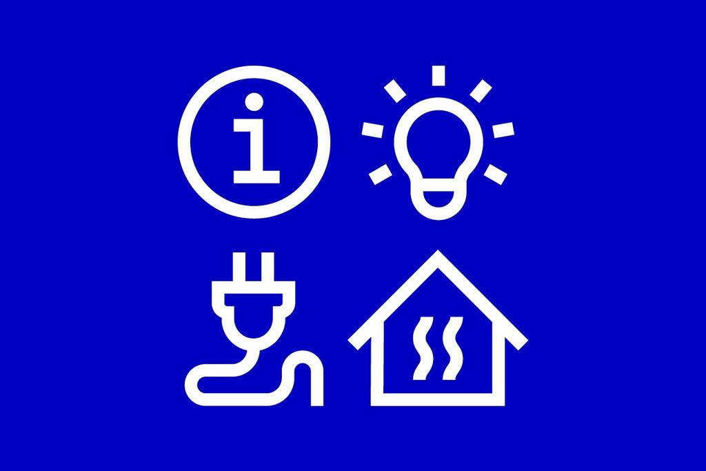 Neljä symbolia: infoa kuvaava i-kirjain, lamppu, sähköjohto ja talo.