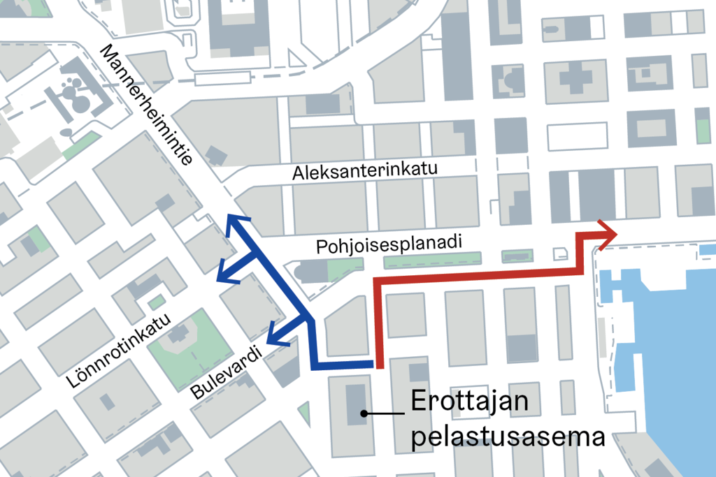 Liikennevaloetuusjärjestelmä on toteutettu reiteille Ludviginkatu-Erottajankatu-Mannerheimintie sekä Korkeavuorenkatu-Eteläesplanadi-Eteläranta. Kuva: Helsingin kaupunki