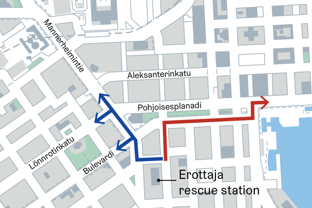 The priority treatment for traffic lights has been implemented for the routes Ludviginkatu-Erottajankatu-Mannerheimintie and Korkeavuorenkatu-Eteläesplanadi-Eteläranta. Photo: City of Helsinki