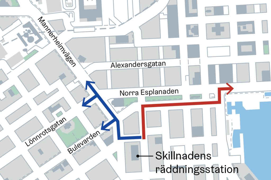 Systemet för trafikljusfördel har genomförts på rutterna Ludvigsgatan–Skillnaden–Mannerheimsvägen samt Högbergsgatan–Södra Esplanaden–Södra kajen. Bild: Helsingfors stad