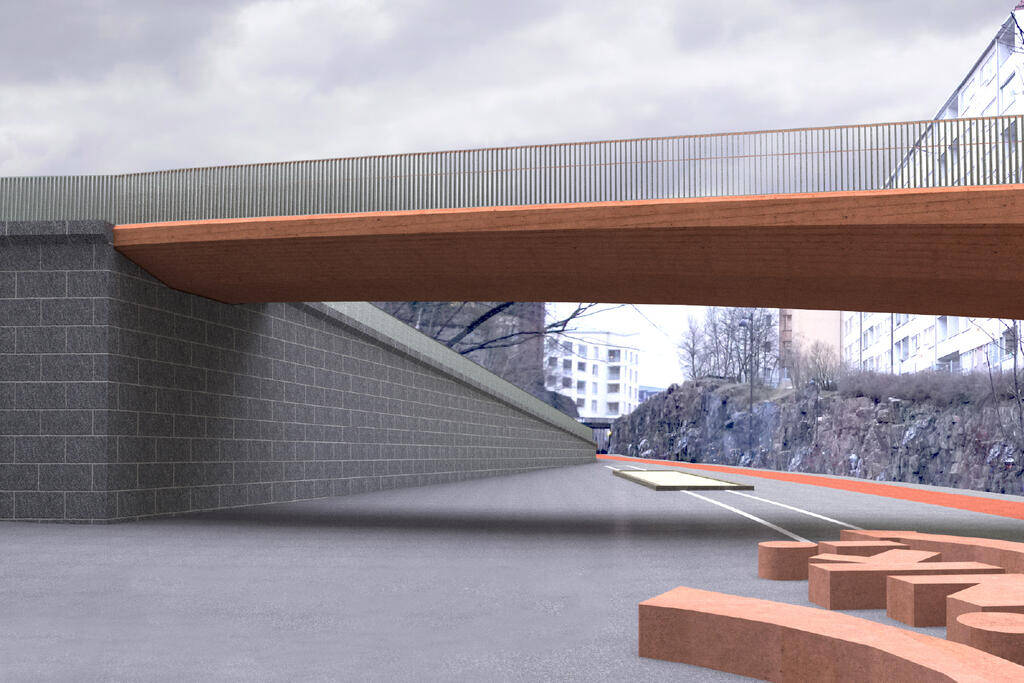 The colour of the Lastenkodinkatu pedestrian and cycling bridge will match the colour of the Love Helsinki artwork on Baana. The abutment and the retaining walls of the ramp will be covered with black natural stone, and the railing will be lit. Illustration: Sitowise Photo: Sitowise