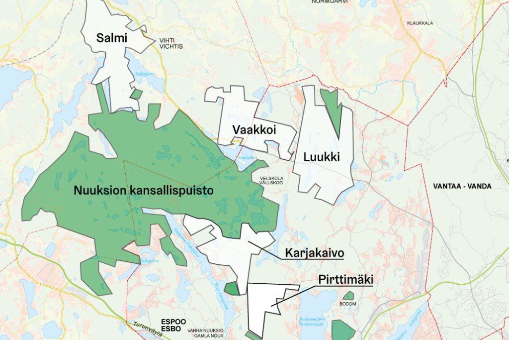 Noux nuvarande nationalpark och de områden som nu ägs av Helsingfors stad. De områden som hör till nationalparken är utmärkta i grönt.