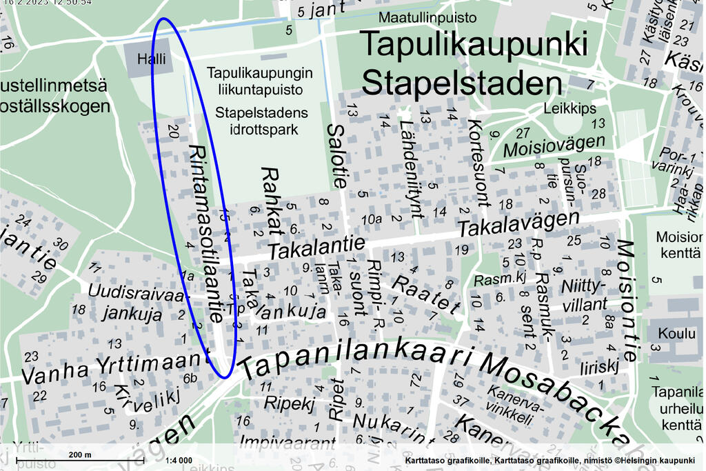 Tapulikaupungin kartta, jossa merkattuna Rintamasotilaantie.
