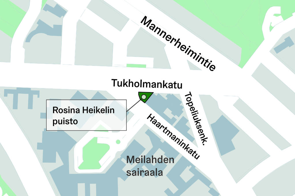 Karttakuva, johon on merkitty Rosina Heikelin puiston sijainti