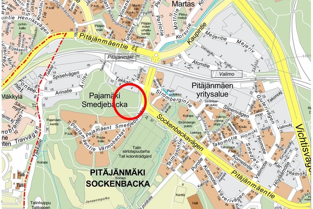 Patterimäen itäosan suunnittelualue kartalla. Kuva: Helsingin kaupunki