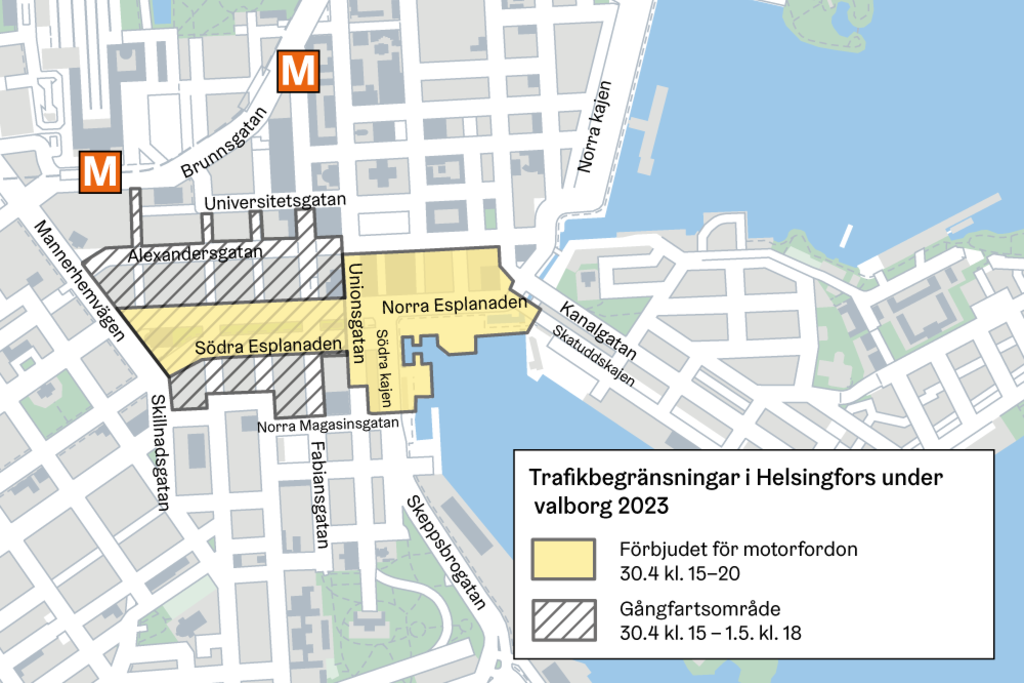 Karta över trafikbegränsningarna i Helsingfors centrum under valborg. 