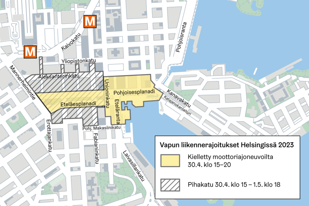 Kartta rajoituksista Helsingin keskustassa vappuna. 