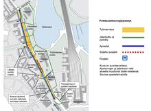 Kartta Mannerheimintien työmaan ensimmäisen vaiheen reiteistä maaliskuussa 2023.