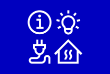 Symboleina ovat infoa kuvaava i-kirjain, valaistusta kuvaava lamppu, sähköä kuvaava sähköjohto ja lämmitystä kuvaava symboli.