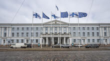 Helsinki City Hall with EU flags.