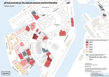 Jätkäsaaren rakentamisaikataulut esitettynä kartalla.