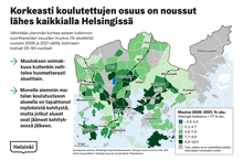 Karttakuvassa korkeasti koulutettujen osuuksien nousu Helsingin eri alueilla
