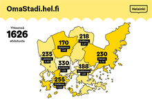 OmaStadin ehdotusten ideointiin liittyvän tiedon visualisointia Helsingin kartan avulla.