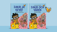 Zakir ja kevät sekä Zakir och våren -kirjat vaaleansinisen taustan päällä.