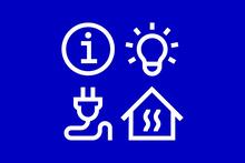 Neljä symbolia: infoa kuvaava i-kirjain, lamppu, sähköjohto ja talo.