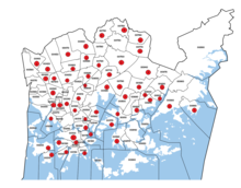 Kuva Helsingin kartasta, jossa on merkittynä ehdokkaiden määrä kullakin postinumeroalueella.