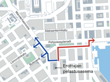 Karttakuva liikennevaloetuusreiteistä Ludviginkadulta Mannerheimintien suuntaan sekä Korkeavuorenkadulta Eteläesplanadille.