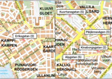 Gatorna som kommer att få nya planteringsområden. I parentes antalet parkeringsplatser som kommer att försvinna. Eriksgatan (2) Alpgatan (5) Kinaborgsgatan (2) Päijännevägen (3) Kuortanegatan (5)