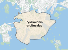 Kartalla merkittynä yhteiskäyttöisten sähköpotkulautojen ja muiden mikroliikkumisen välineiden pysäköinnin rajoitusalue, joka kattaa keskustan ja eteläisen Helsingin.