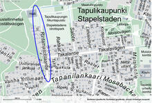 Tapulikaupungin kartta, jossa merkattuna Rintamasotilaantie.