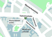 Karttakuva, johon on merkitty Rosina Heikelin puiston sijainti