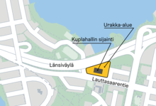 Urakka-alueen ja tulevan kuplahallin sijainti kartalla Lauttasaaressa.